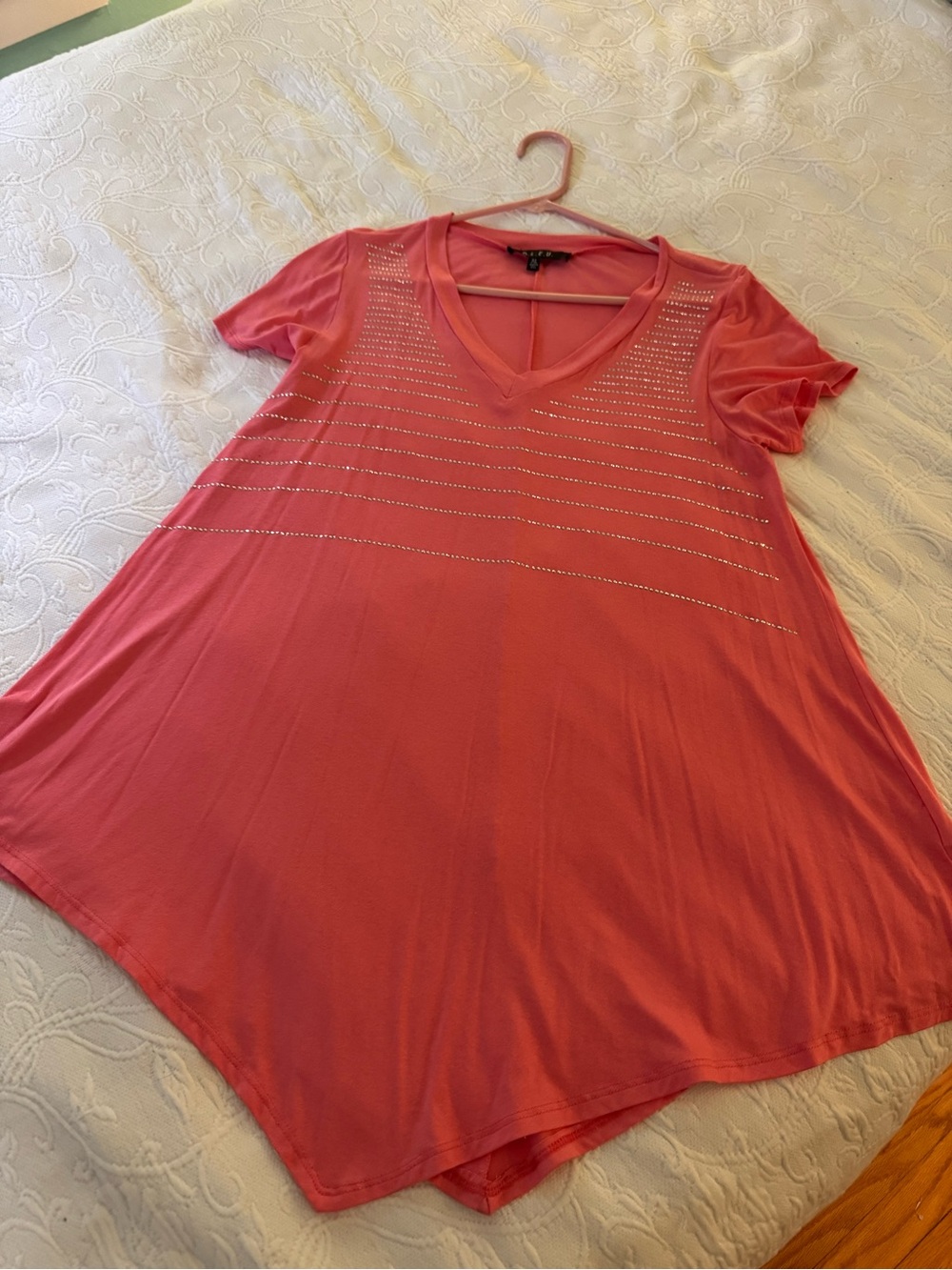 B.L.E.U. Coral Pink V-Neck Short Sleeve Tunic with Rhinestone Stripes